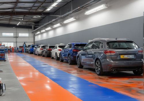 Professional auto painter preparing vehicle surface with sandpaper in modern workshop