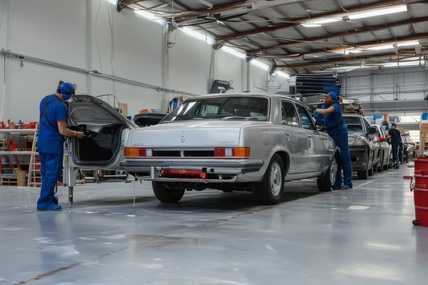 Professional auto painter working in modern paint booth with precision equipment