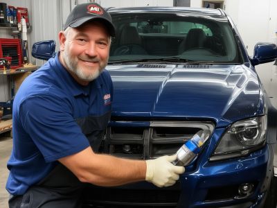 Sarah Mitchell, Paint Booth Technician, working with precision equipment in climate-controlled environment