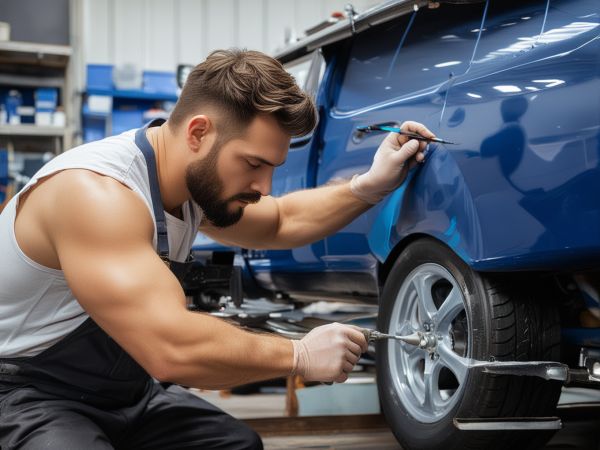 Tyler West in the original small garage where JKLakeAutoPaint began, showing vintage paint equipment and early restoration projects